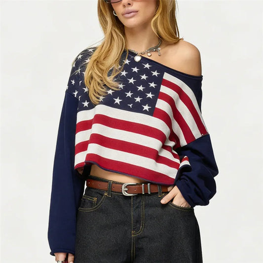 American Flag Print Off Shoulder Knit Cropped Sweatshirt