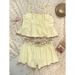Yellow Ruffle Trim Cami Top And Shorts Set