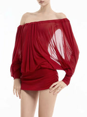 Off-Shoulder Long Sleeve Open Back Puff Mini Dress