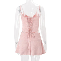Pink Satin Jacquard Corset Top & Ruffled Mini Skirt Two‑Piece Set