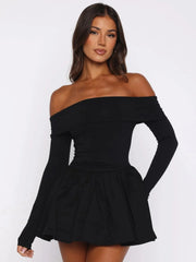 Off-Shoulder Long Sleeve Solid Ruffled Mini Dress