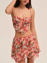 Cherry Print Spaghetti Strap Crop Top And Mini Skirt