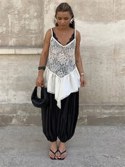 White Lace Printed Strap Long Top