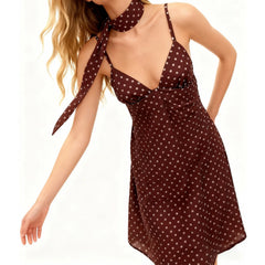 Brown Dot Print V Neck Spaghetti Strap Dress with Scarf