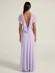 Purple Ruffle Neck Mesh Maxi Dress