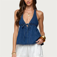 Denim Halter Tie Up Open Back Vest Top