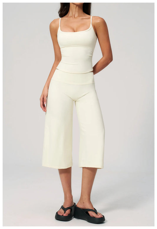 Solid Cami Removable Pads Top And Wide Leg Cropped Pants Set