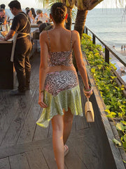 Leopard Floral Print V-Neck Tank Top And Irregular Hem Skirt Set