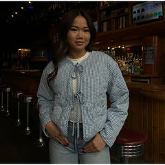 Blue Gingham Tie Up Padded Jacket