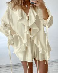 Ruffle Tie Up Shirt And Shorts Two Piece Set