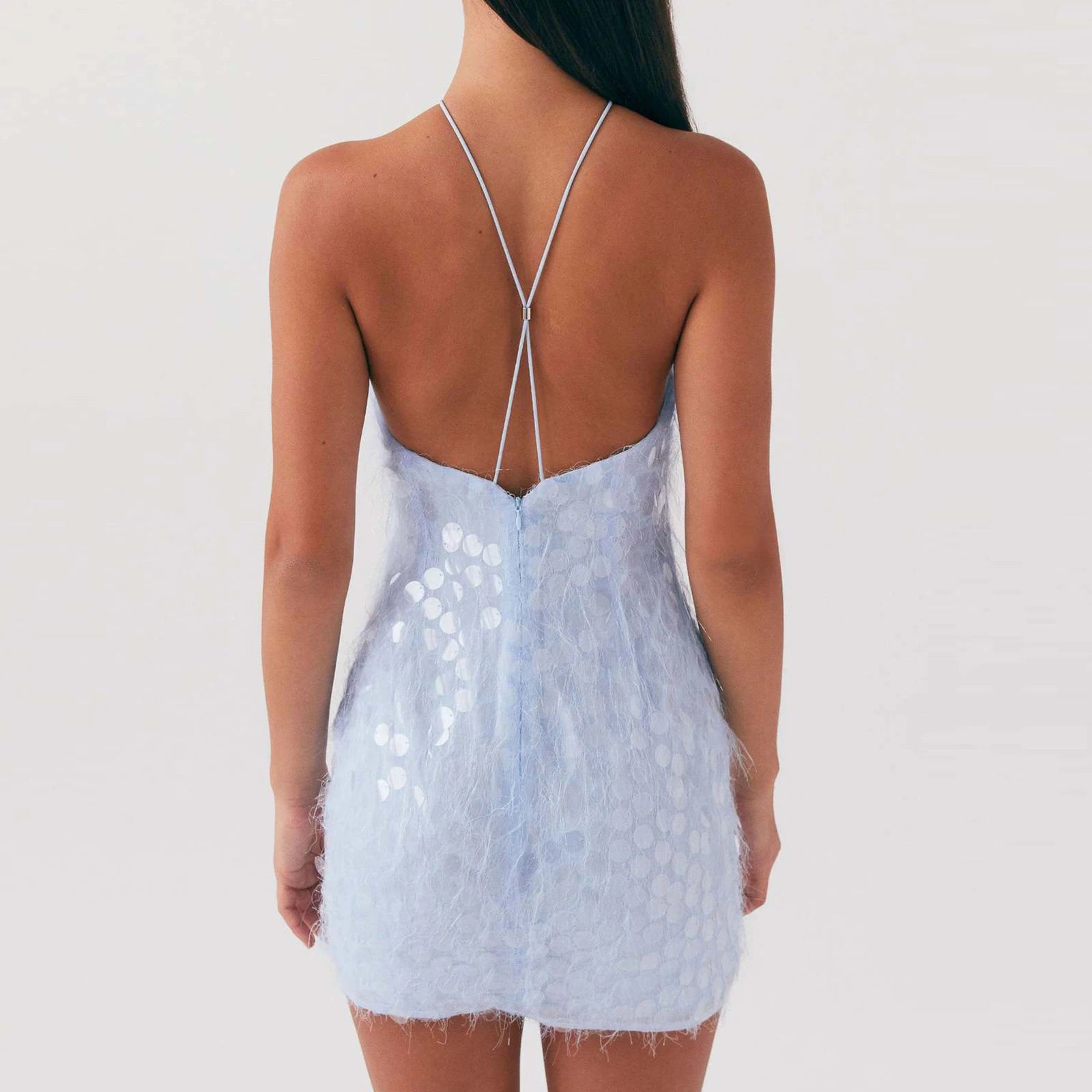 Light blue sequin dress with thin straps
