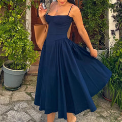 Solid Spaghetti Strap Bustier Pleated Midi Dress