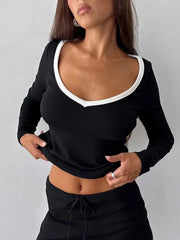 Ribbed Trim Long SLeeve Top