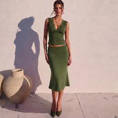 Lace Trim V-neck Tank Top And Midi Skirt Set