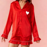 Heart Bow Satin Long Sleeve Button Down Shirt and Ruffle Shorts Pajama Set
