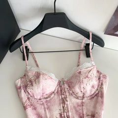 Pink Print Lace Ruffles Corset