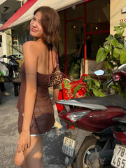 Beaded Halter Strap Mesh Top