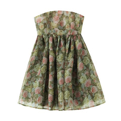 Green Floral Mesh Strapless A-line Mini Dress With Removable High Collar Bow Sleeves