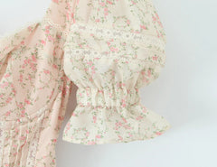 Beige Puff Sleeve Printed Mini Dress