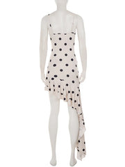 White Polka Dot Asymmetrical Ruffle Hem Spaghetti Strap Midi Dress