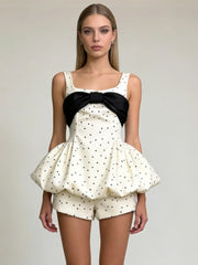 Polka Dot Bow Embellished Bubble Hem Mini Dress With Shorts