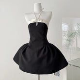 Black A-line White Satin Halter Strap Mini Dress