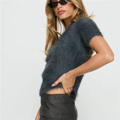 Fuzzy Cropped Short Sleeve Top