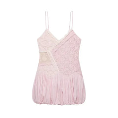 Pink Patchwork Pattern Lace Spaghetti Strap Mini Dress
