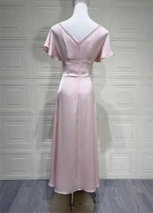 Pink Satin V-Neck Short Sleeve Tie Up Midi Dress