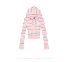 Knit Striped Long Sleeve Zip Hooded Top