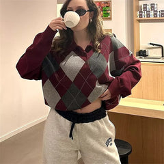 Argyle Button-up Knit Sweater