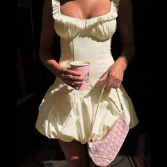 White Puff Ruffle Strap Mini Dress