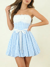 Blue Bow Plaid Short Dress