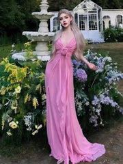 Pink Plunge V-neck 3D Flower Maxi Dress