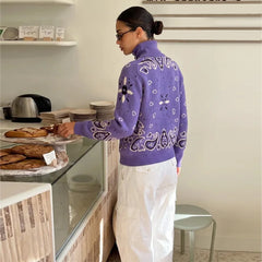 Paisley Knitted Zipper Stand Collar Cardigan Sweatshirt