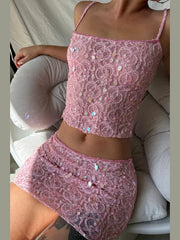 Sequins See Through Tank Top And Skirt Set