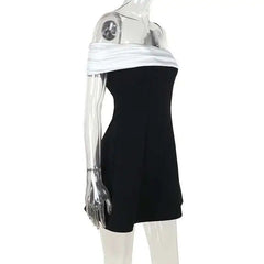 Black A-line Off Shoulder Satin Strap Mini Dress