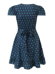 Navy Floral Print V Neck Puff Sleeve Mini Dress