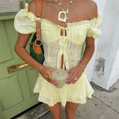 Off Shoulder Tie Up Crop Top And Mini Skirt Set