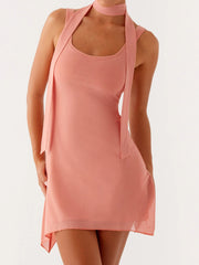 Peach Solid Strap Mini Dress with Scarf