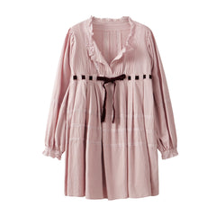 Bow Tie Long Puff Sleeve Embroidered Babydoll Mini Dress