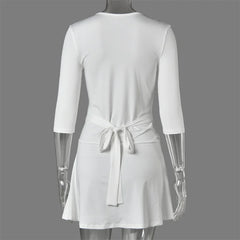 Solid 3/4 Sleeve Waist Tie V-Neck Wrap Mini Dress