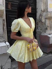 Yellow Tie-Up Puff Sleeve Mini Dress - Office Lady Slim Fit