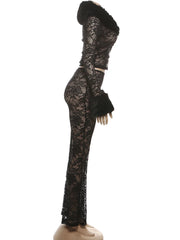 Black Lace Sheer Furry Patchwork Jacket And Pants Set