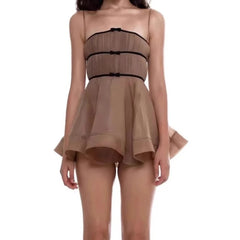 Brown Mesh Strap Mini Flare Dress