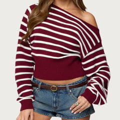 Red Off Shoulder Long Sleeve Stripes Pullovers Top