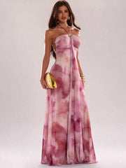 Pink Tie-Dye Mesh Halter Metal Ribbon Maxi Dress