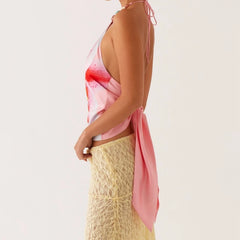 Floral Printed Halter Backless Tie Up Top