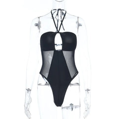 Black Mesh Patchwork Halter Bodysuit