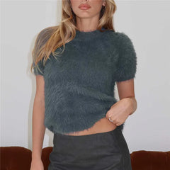 Fuzzy Cropped Short Sleeve Top